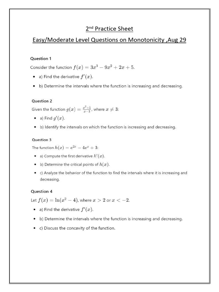 2nd Practice Sheet Monotonic Functions | PDF