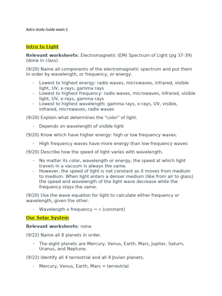 Astro Study Guide: Light & Planets | PDF | Planets | Stars