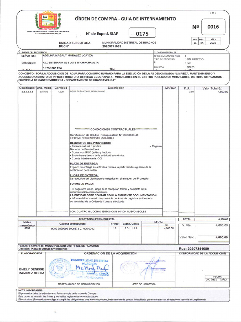 Orden de Compra N°016-Agua para Consumo Humano | PDF