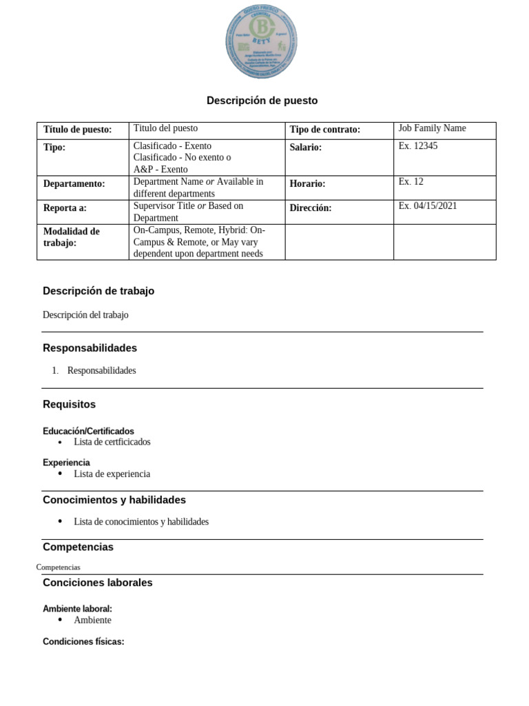 Descripción de Puesto y Requisitos Laborales | PDF