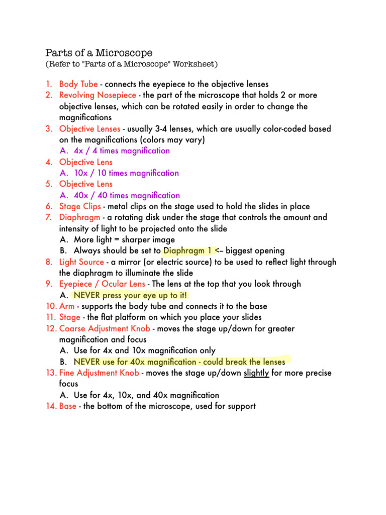 7th - Chapter 3.1 Parts of A Microscope | PDF