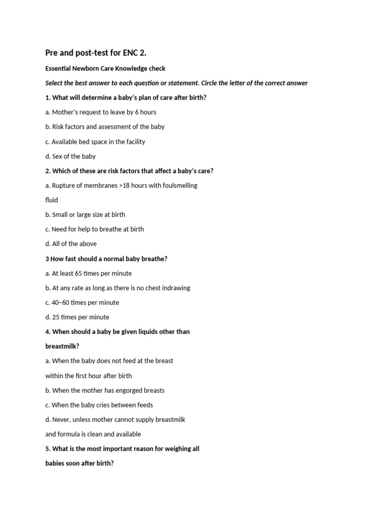 ENC 2 Pre and Post Test | PDF | Breastfeeding | Infants
