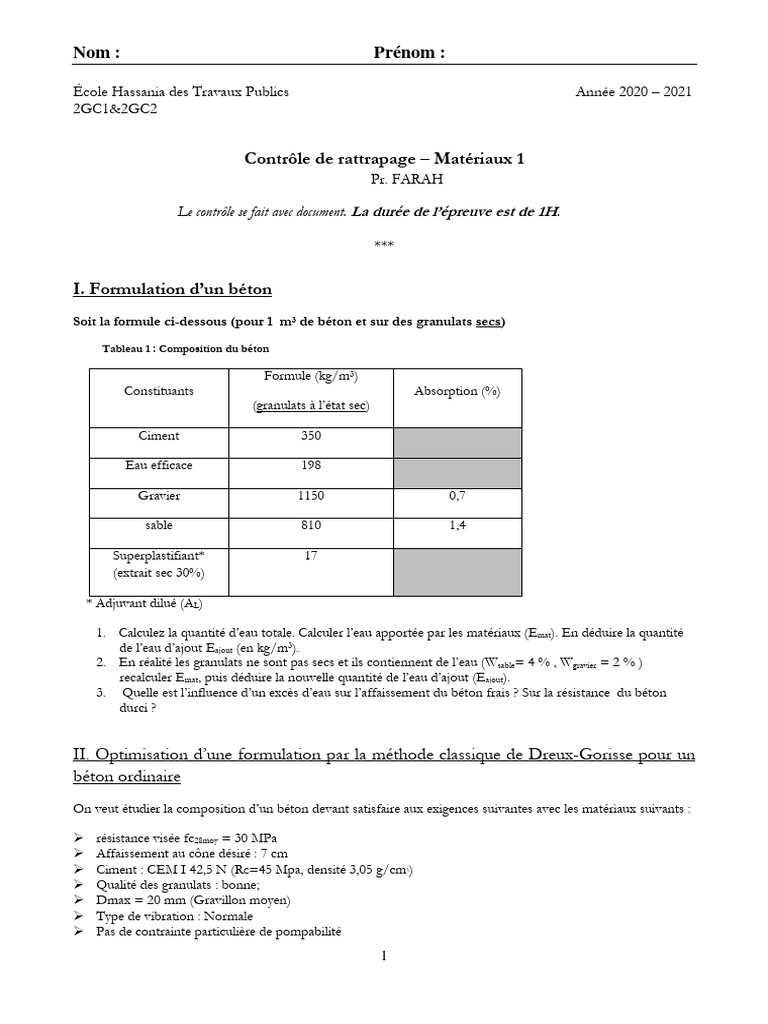 Contrôle de rattrapage : Formulation béton | PDF | Béton | Grave (granulat)