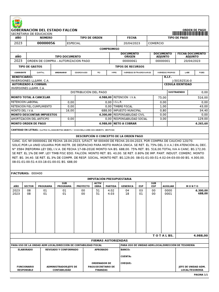 Orden de Pago Gobernación Falcón 2023 | PDF | Impuestos | Finanzas del ...