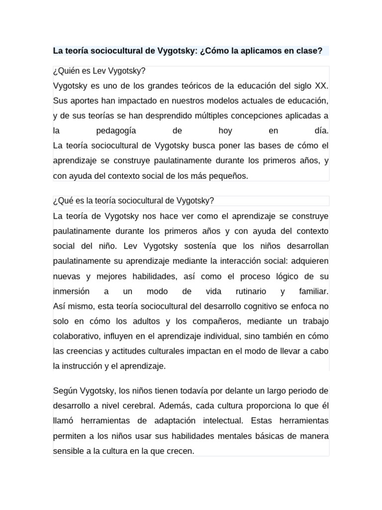Aplicación de Vygotsky en la Educación | PDF | Aprendizaje | Enseñando