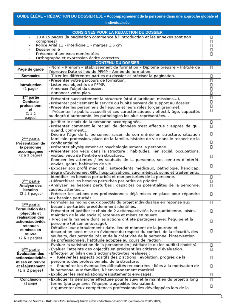 Rédaction du Dossier E31 Bac Pro ASSP | PDF