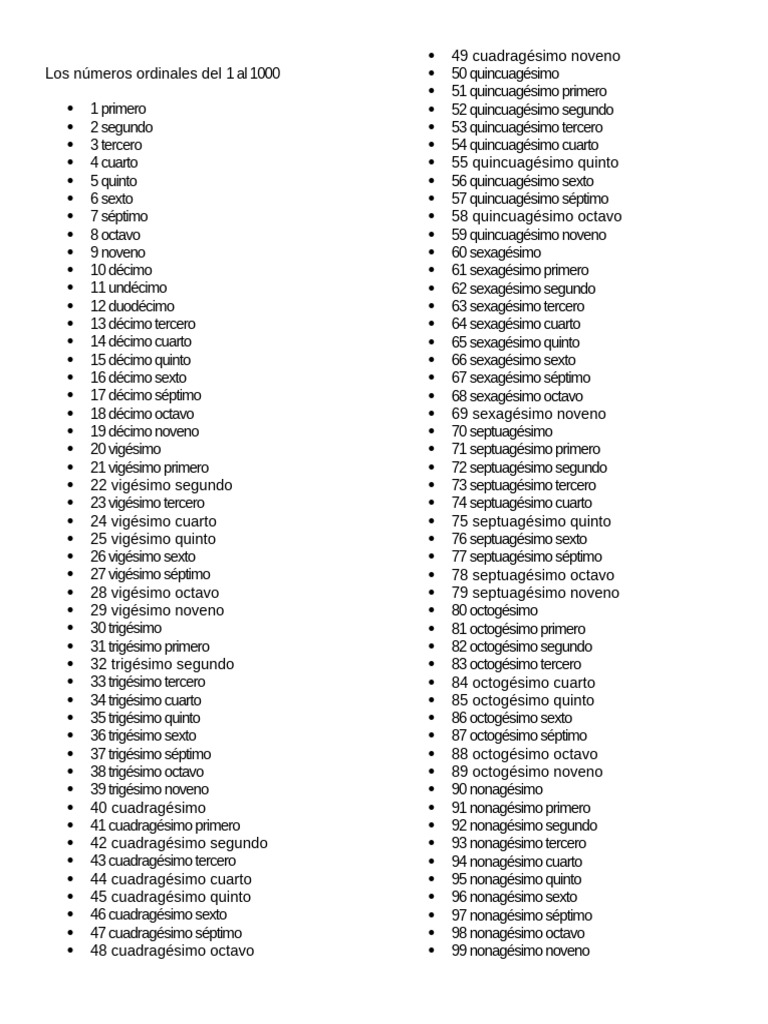 Los Números Ordinales Del 1 Al 1000 | PDF