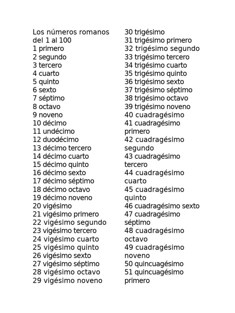 Los Números Ordinales Del 1 Al 100 | PDF