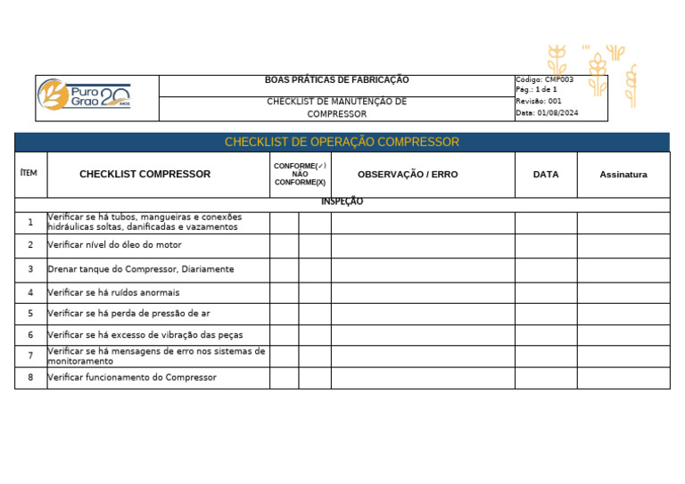 Checklist Operação Compressor 2 | PDF