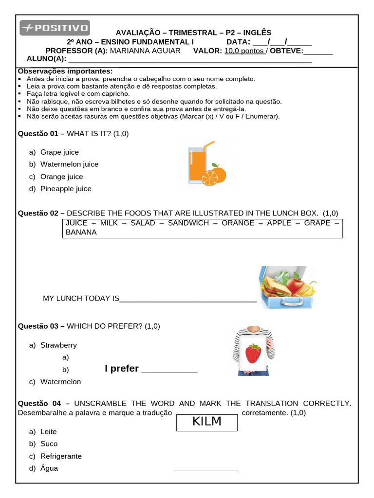 Prova Trimestral de Inglês - 2º Ano | PDF