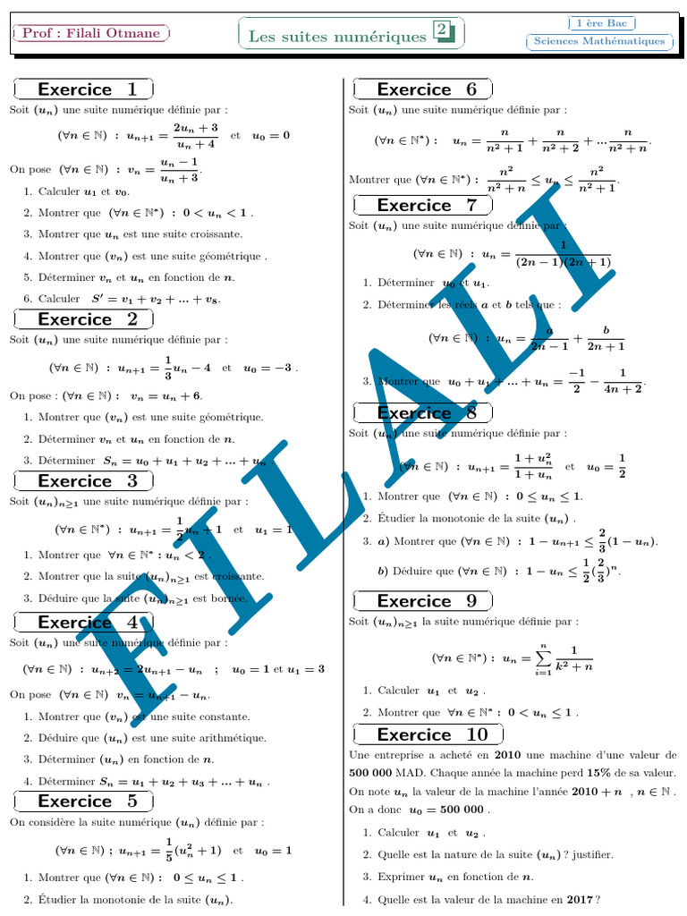 Suites numériques pour le Bac 2 | PDF | Analyse mathématique ...