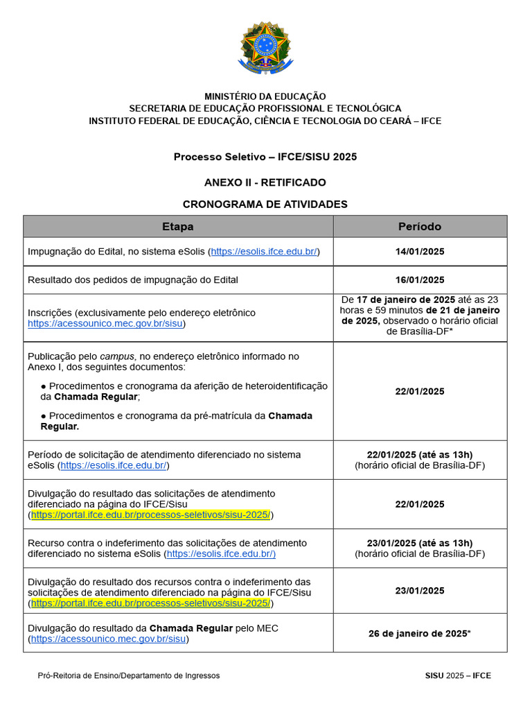 Cronograma SISU 2025 IFCE: Inscrições e Datas | PDF