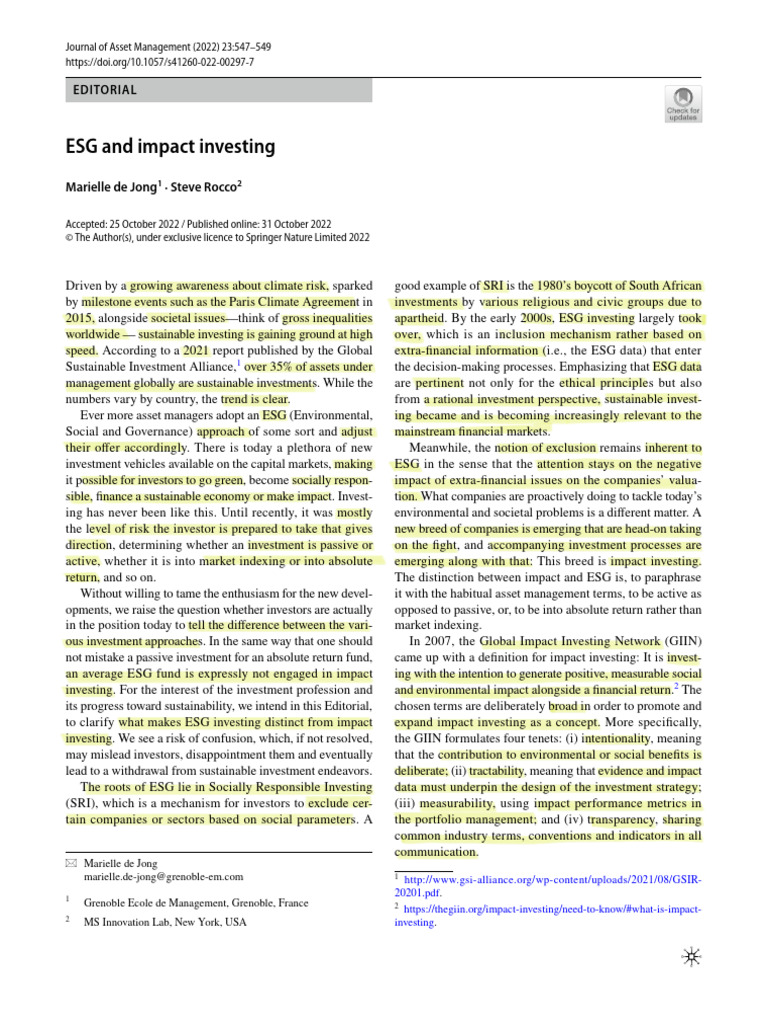 Distinguishing ESG from Impact Investing | PDF | Financial Services ...