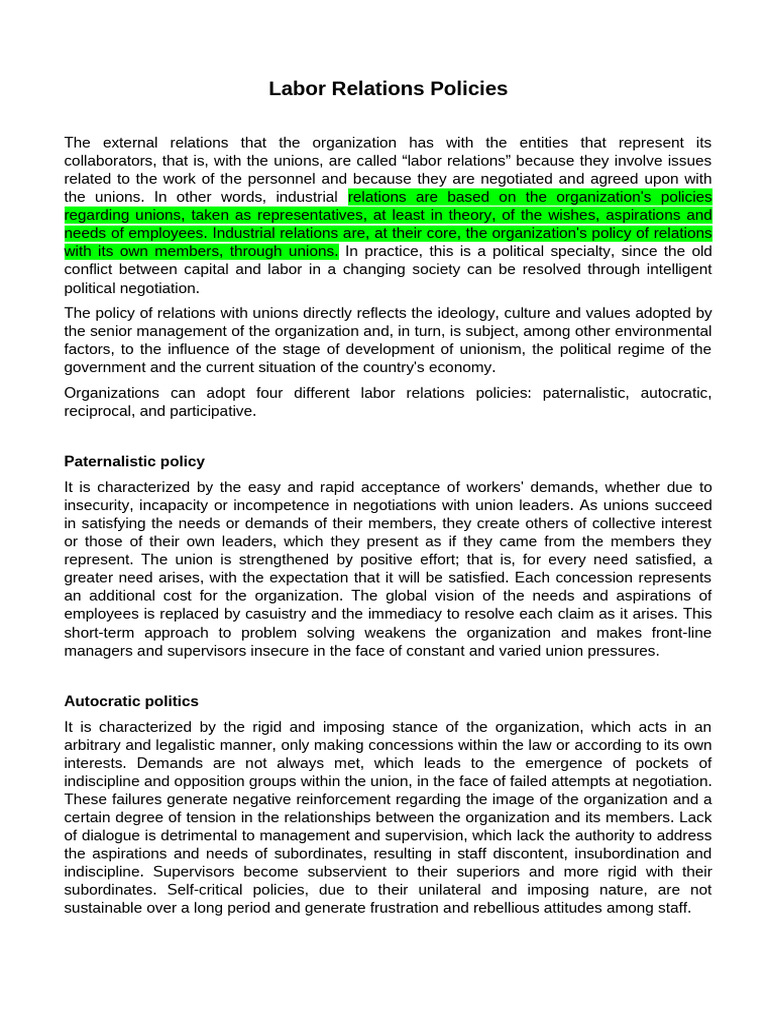 Labor Relations Policies | PDF | Trade Union | Capitalism