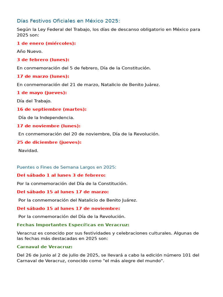Días Festivos Oficiales México 2025 Pdf 