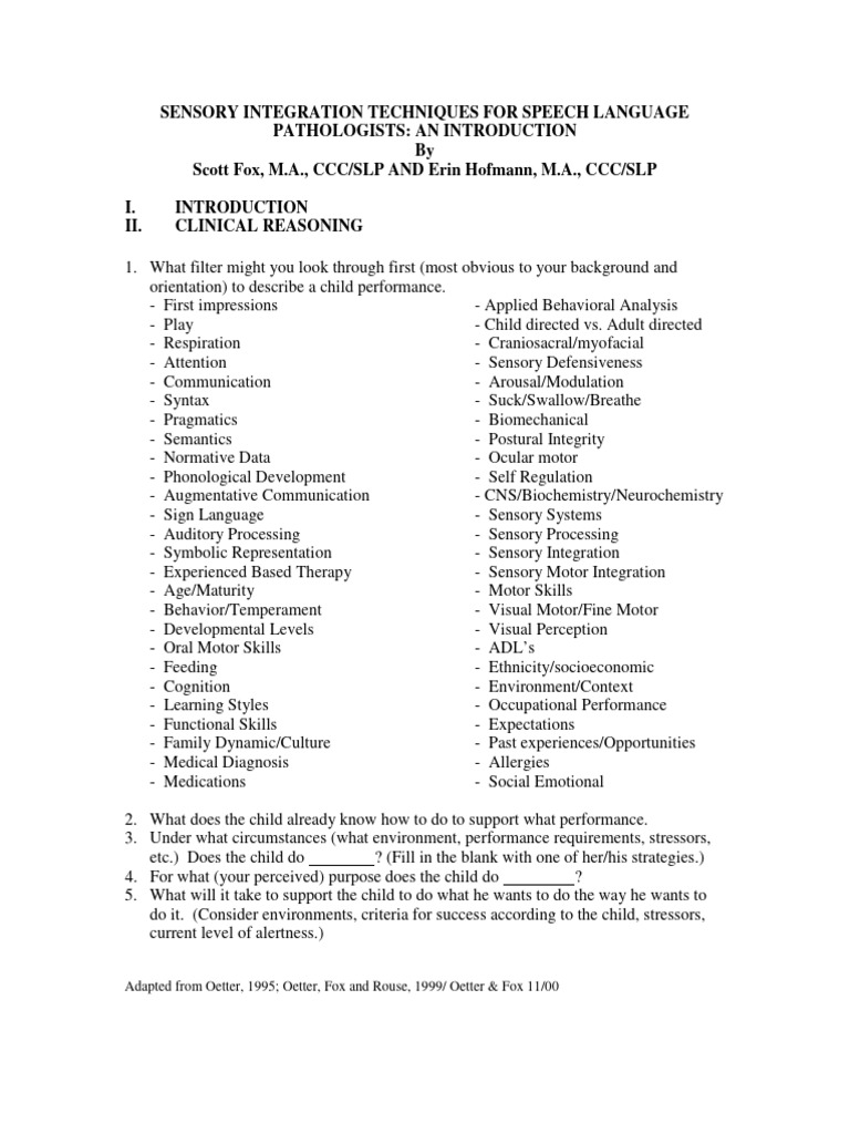 Sensory Integration for Speech Pathologists | PDF | Sensory Processing ...