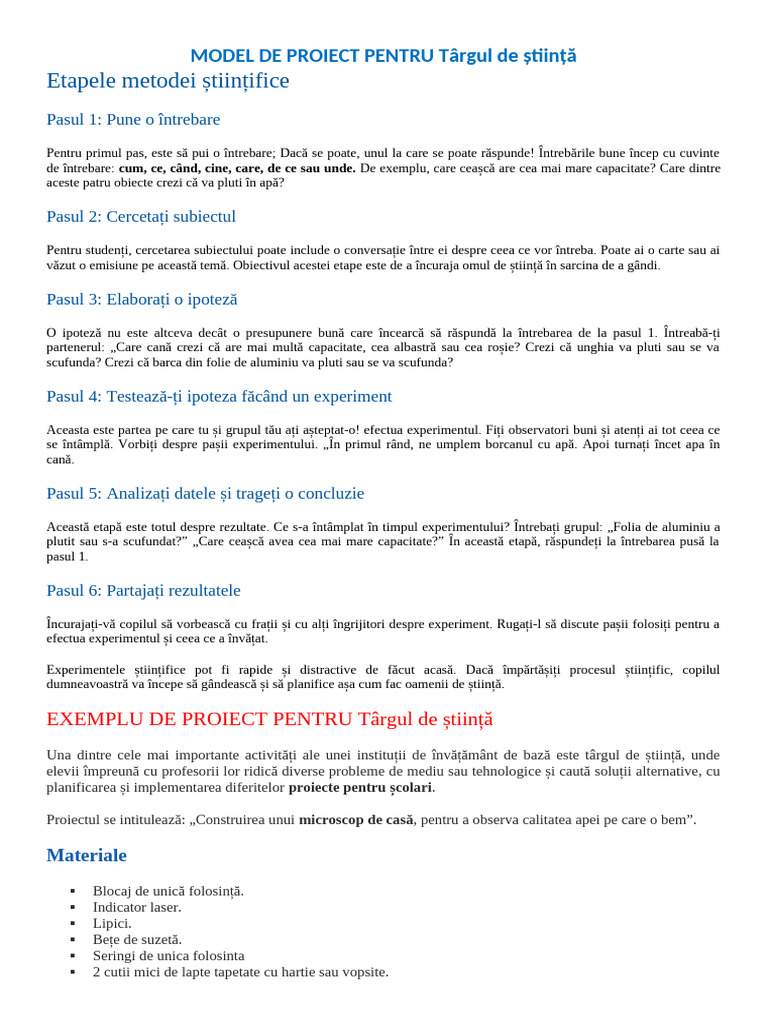 Modele de Proiect Pentru Târgul de Știință | PDF