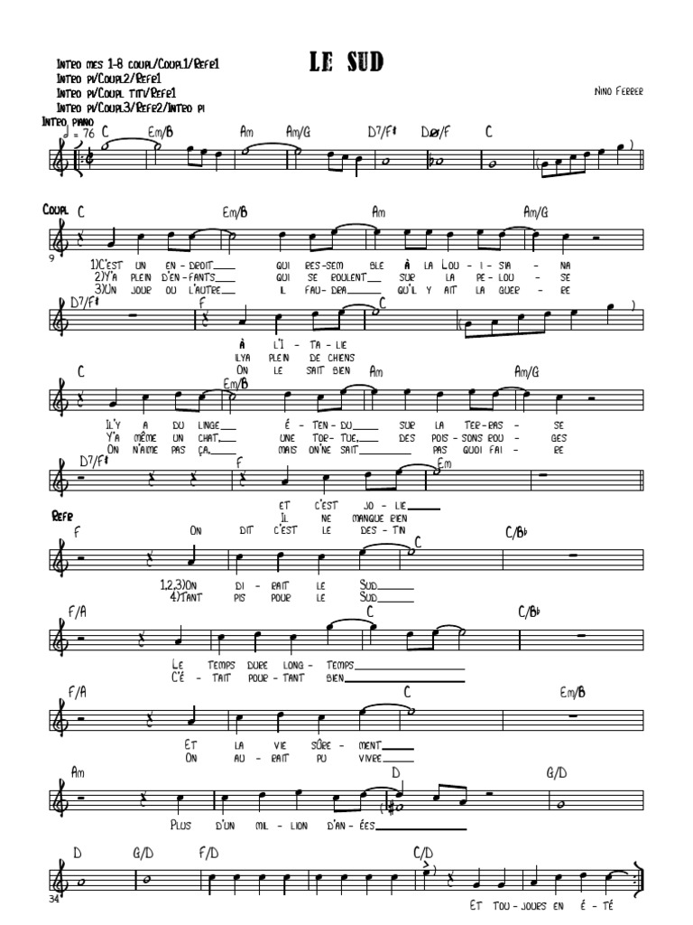 Partition Guitare Le Sud Nino Ferrer Pdf Le Sud C | PDF