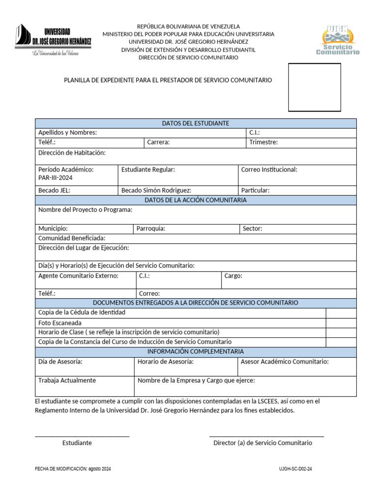 Formato Planilla Expediente de Servicio Comunitario | PDF