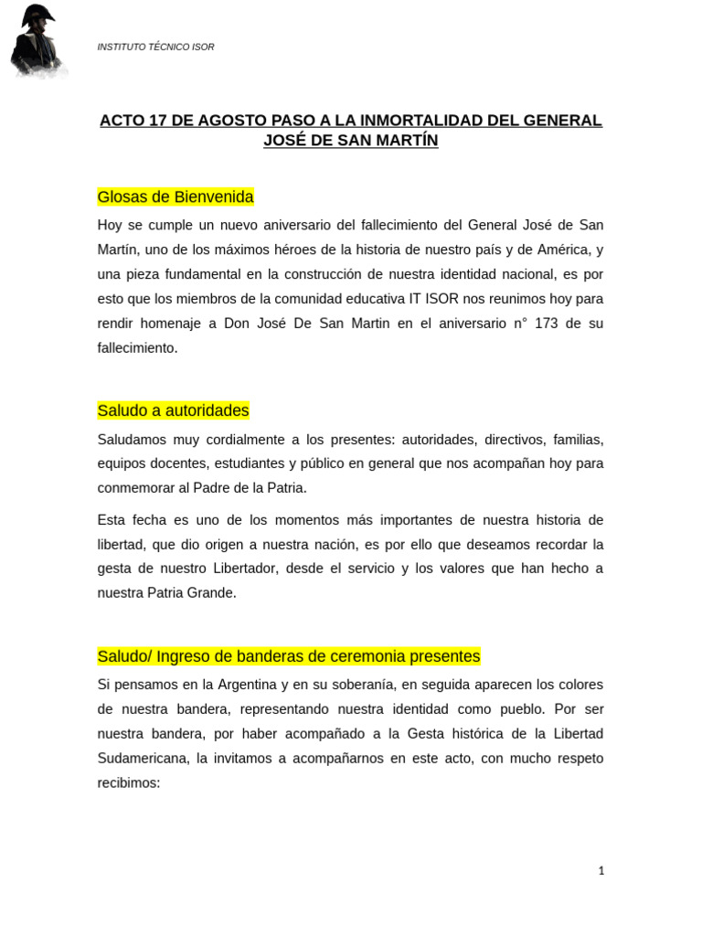 Acto 17 de Agosto Paso A La Inmortalidad Del General José de San Martín ...
