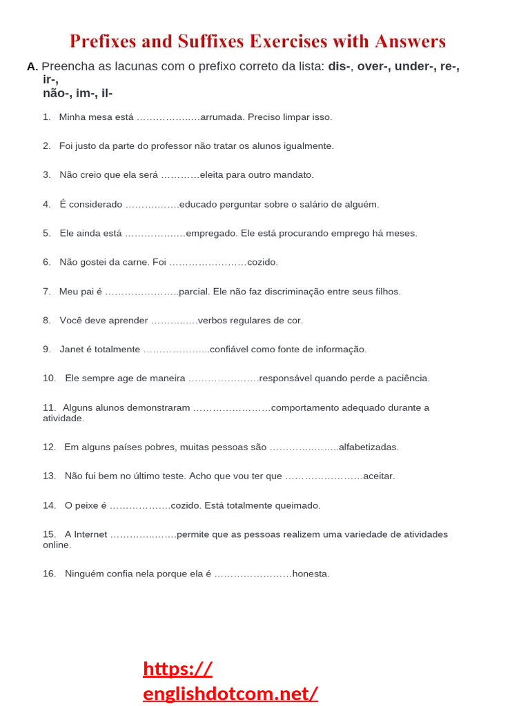 Exercícios de Prefixos e Sufixos em Inglês | PDF