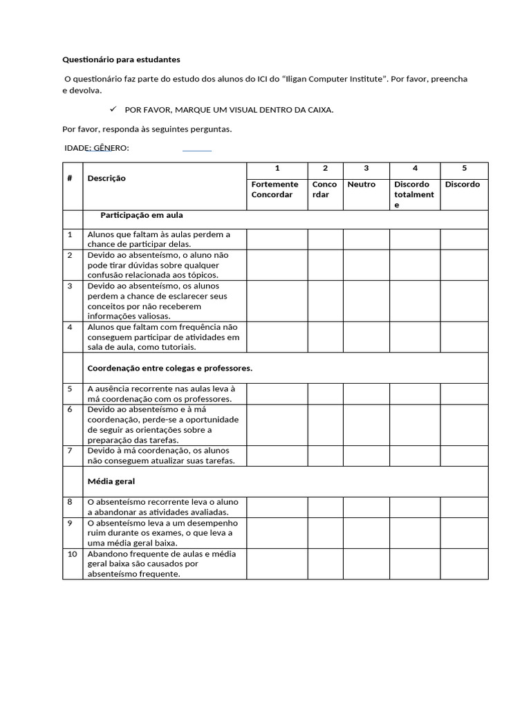 Questionário sobre Absenteísmo Escolar | PDF
