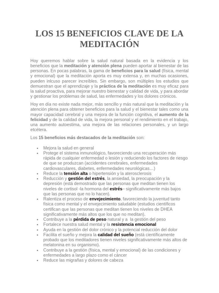 Los 15 Beneficios Clave de La Meditación | PDF | Meditación | Estrés ...