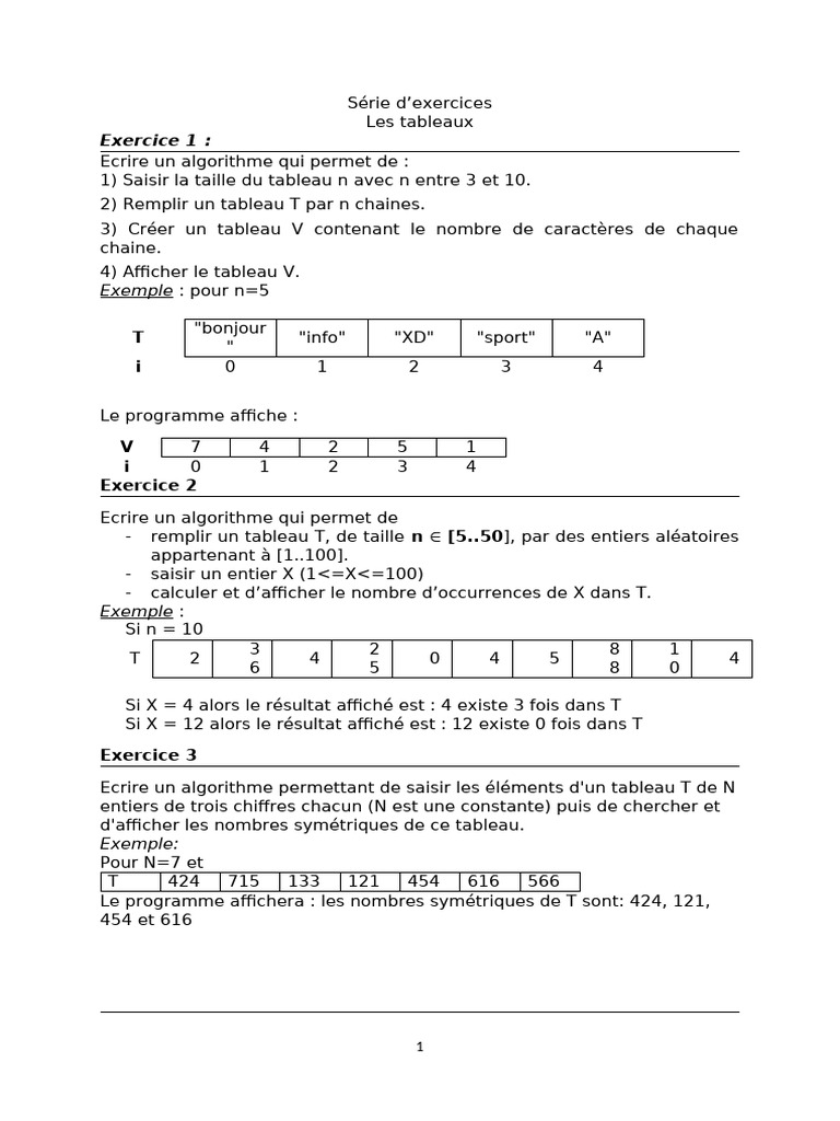Exercices sur les Tableaux en Algorithme | PDF | Mathématiques ...