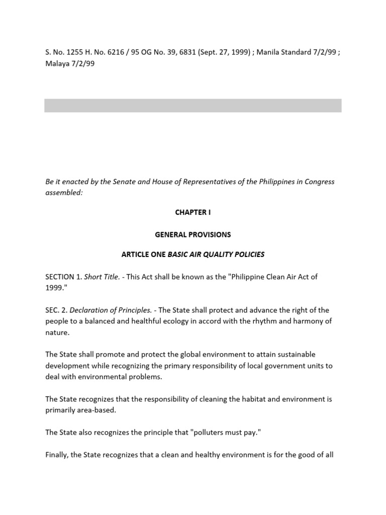 Philippine Clean Air Act of 1999 | PDF | Air Pollution | Emission Standard