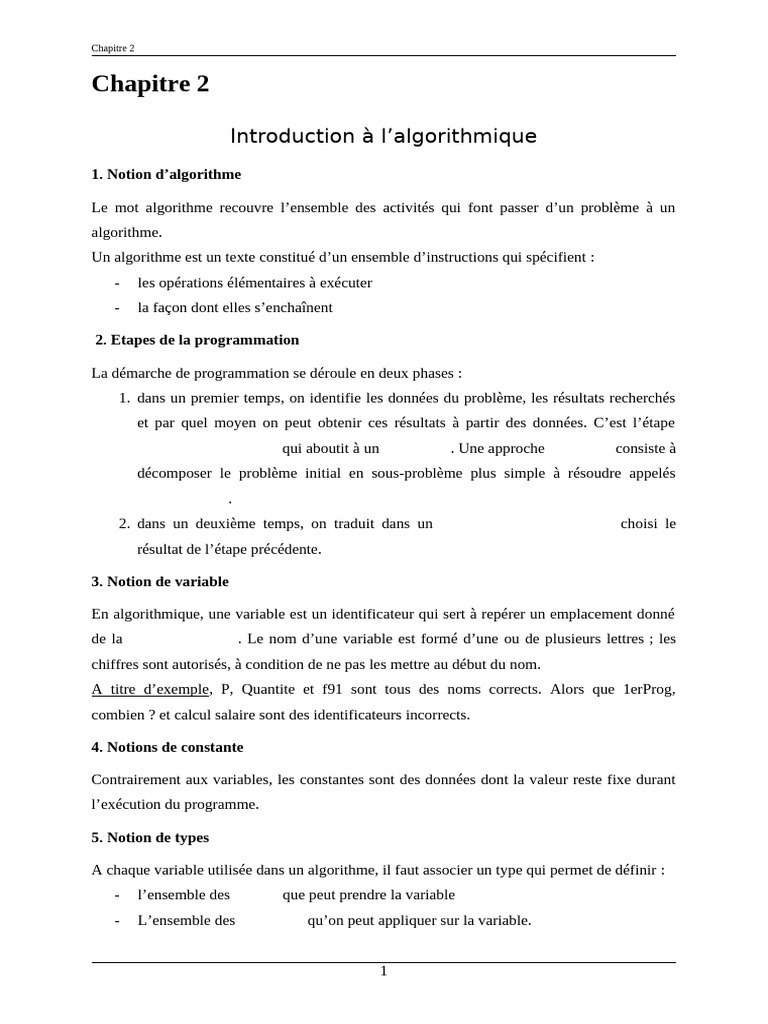 Introduction à l'algorithmique et types de données | PDF | Variable ...