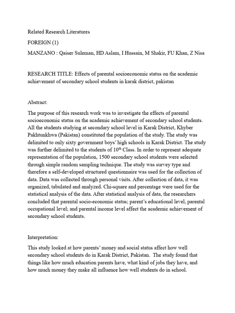 Review related literature example | PDF | Socioeconomic Status | Motivation