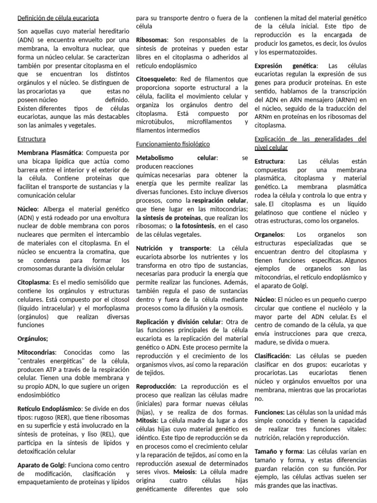 Estructura y funciones de células eucariotas | PDF | Citoplasma ...
