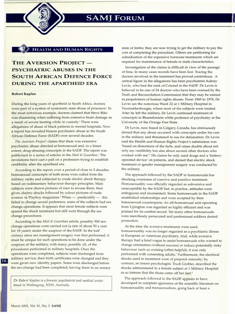 Aversion Project: Psychiatric Abuses in SADF | PDF | Psychiatry ...