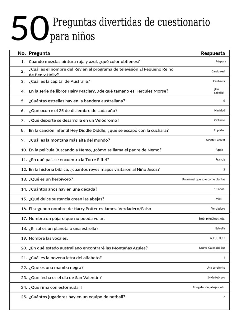 50 Preguntas Divertidas de Trivia para Niños 1 | PDF, image size:768x1024