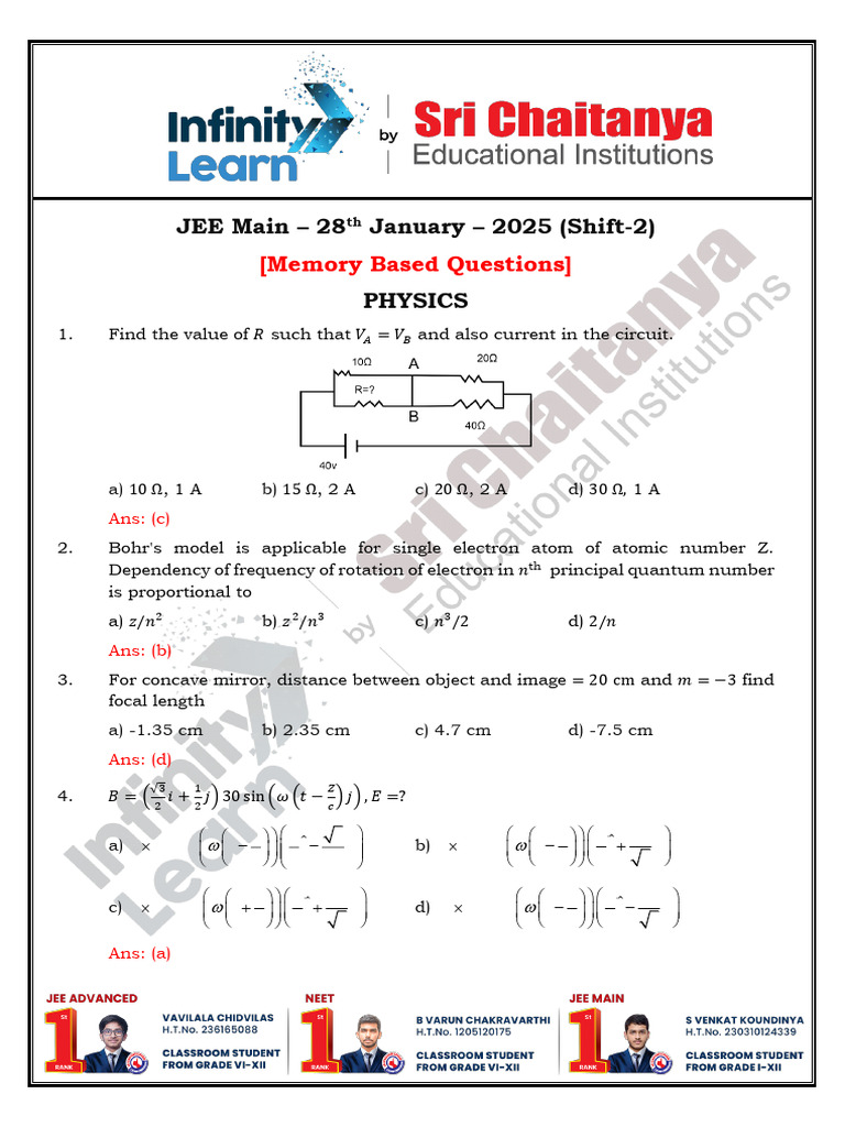 JEE Main 2025 Physics Chemistry Math Questions | PDF | Light | Physical ...