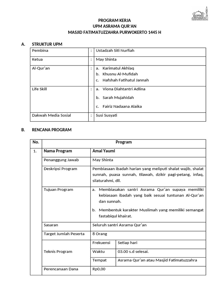 Program Kerja Asrama UPM Qur'an 1445 H | PDF