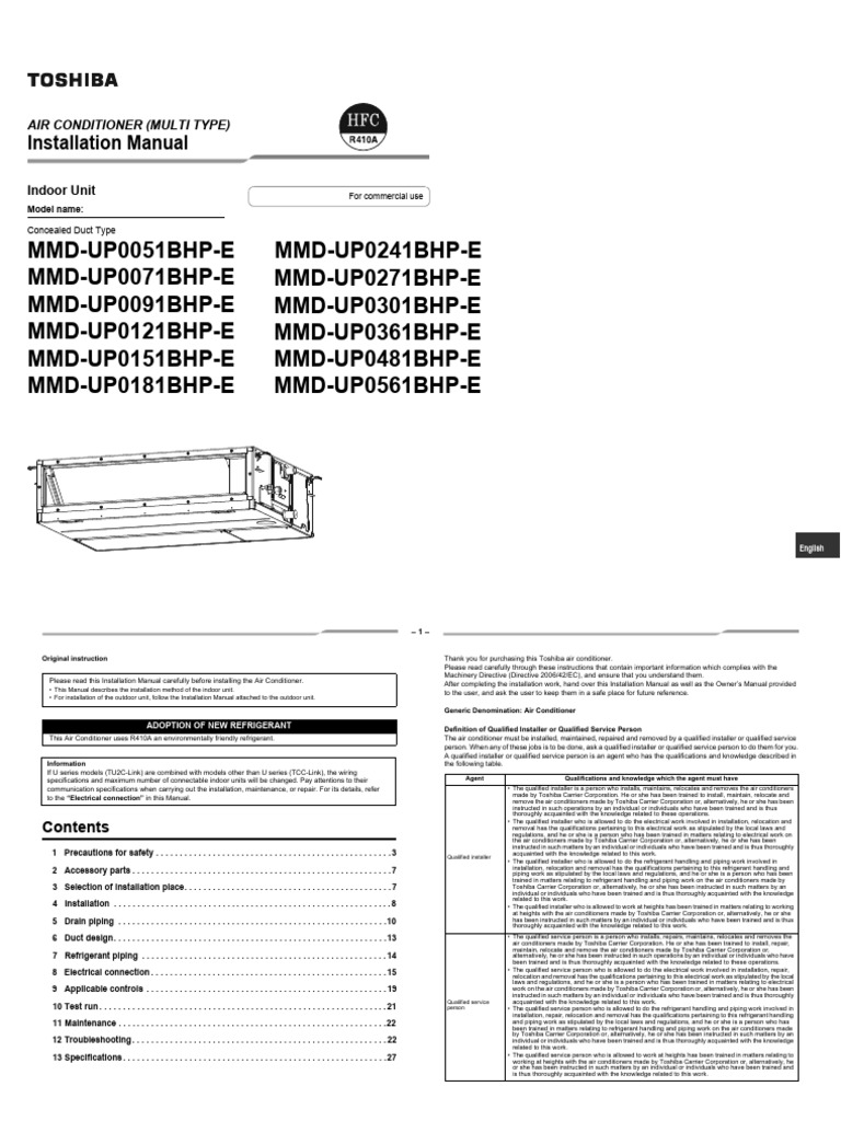 Toshiba Multi AC Installation Guide | PDF | Personal Protective ...