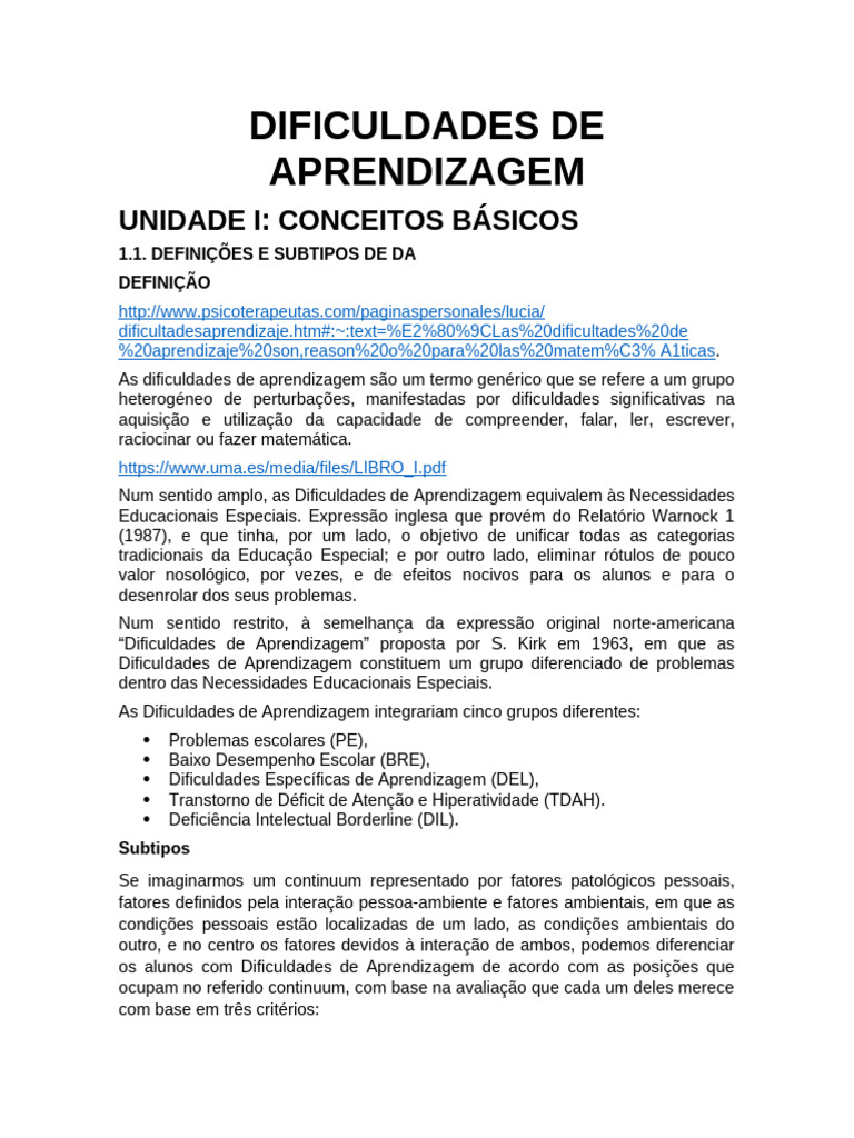 Dificuldades de Aprendizagem: Tipos e Definições | PDF | Dislexia | Memória