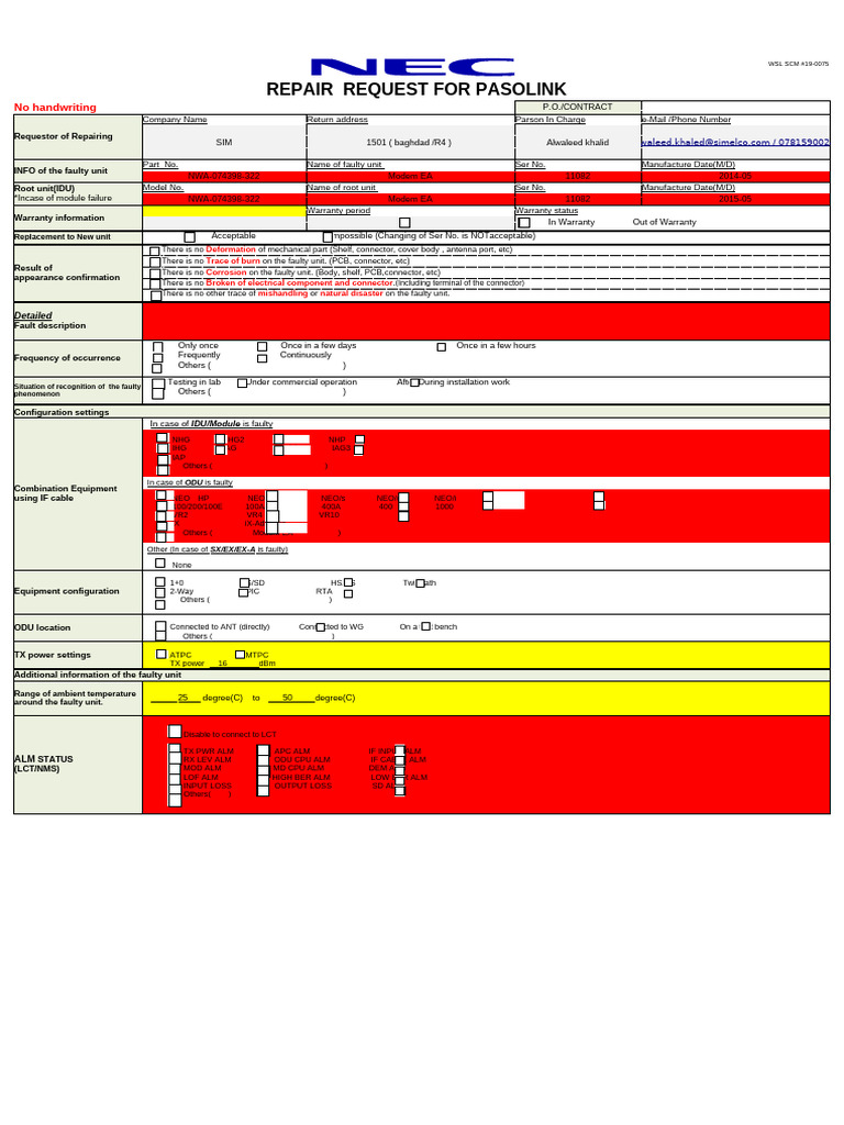 NEC Faulty Report Item Description & SN - 1435 | PDF | Electrical ...