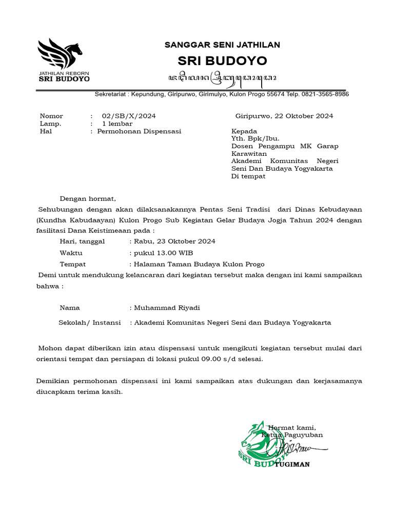 Permohonan Dispensasi Pentas Seni 2024 | PDF