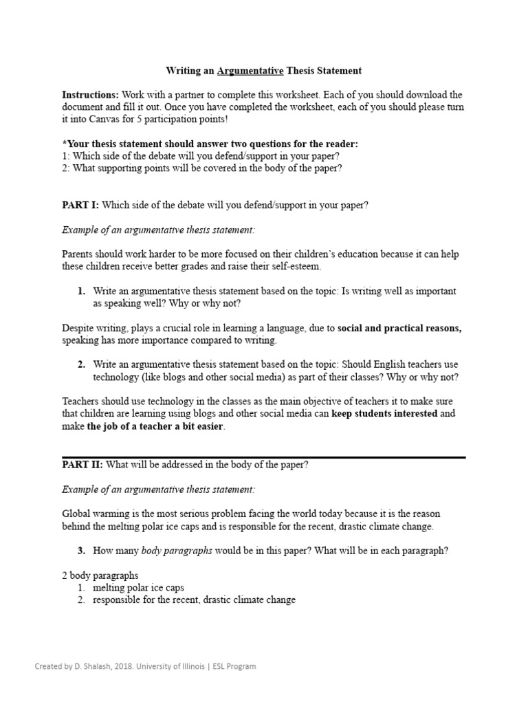 Writing an Effective Thesis Statement Worksheet | PDF