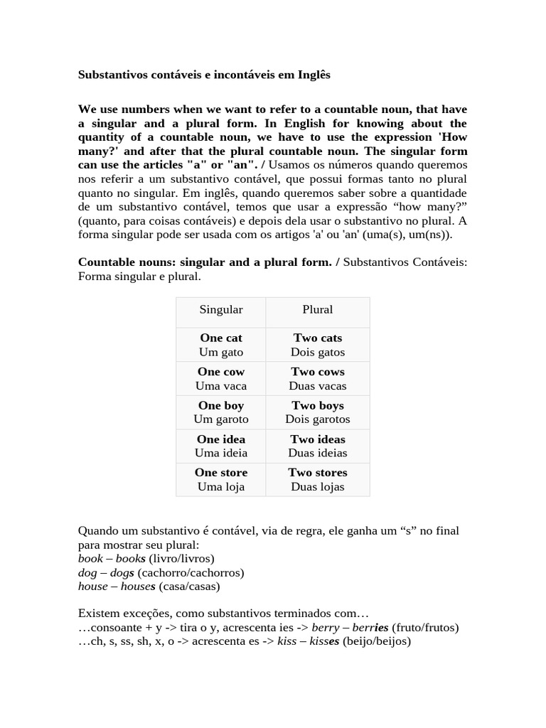 Substantivos Contáveis e Incontáveis | PDF | Plural