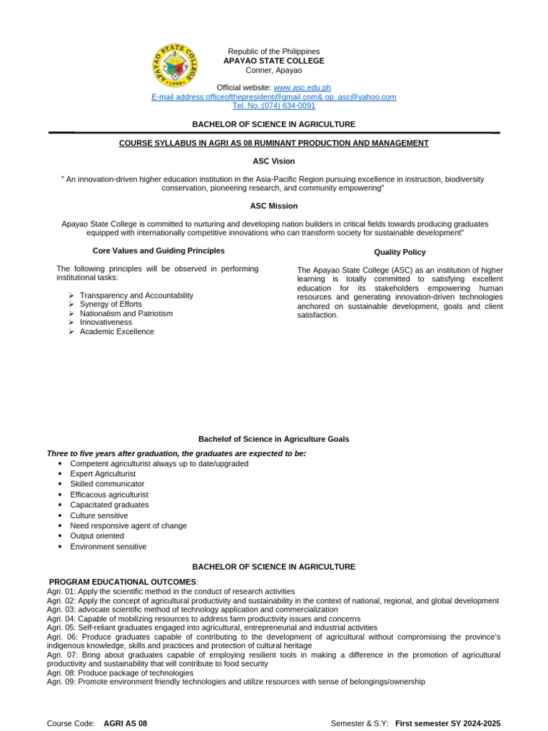Ruminant Production Course Syllabus | PDF | Sheep | Dairy Cattle