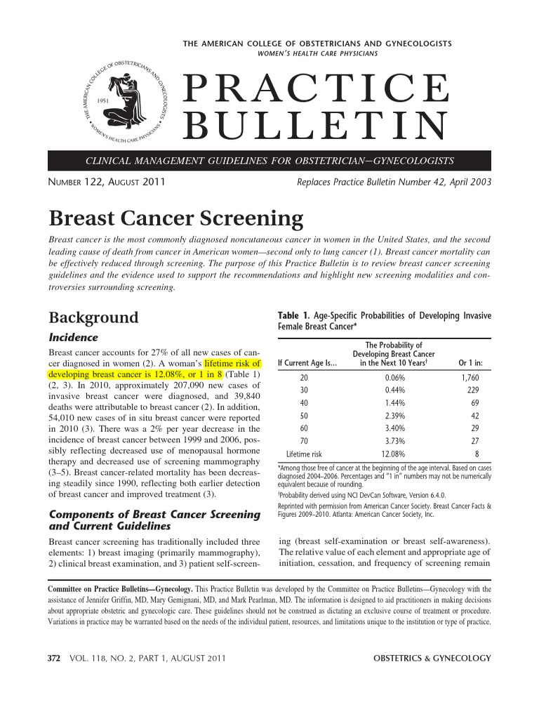 Breast Cancer Screening Guidelines 2011 | PDF | Mammography | Screening ...