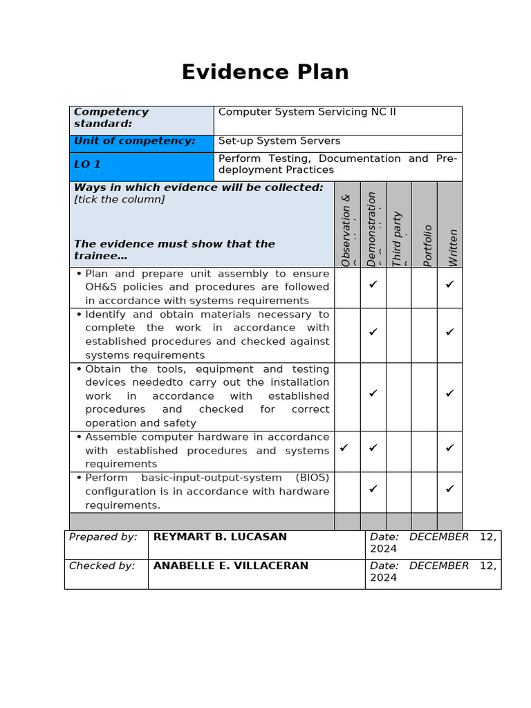 Evidence Plan for Computer System Servicing | PDF