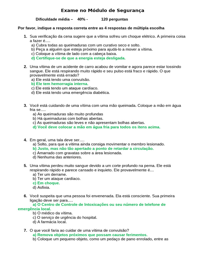 Primeiros Socorros - 100 Perguntas | PDF | Queimadura | Primeiros socorros