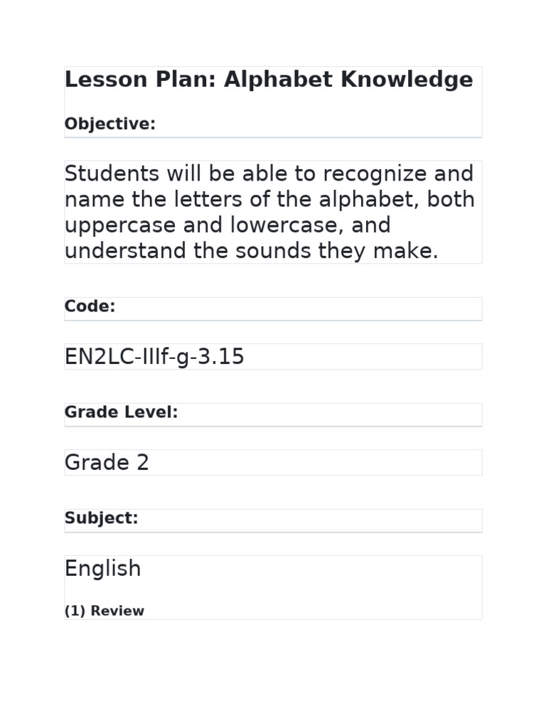 Grade 2 Alphabet Knowledge Lesson Plan | PDF | Knowledge | Cognitive ...