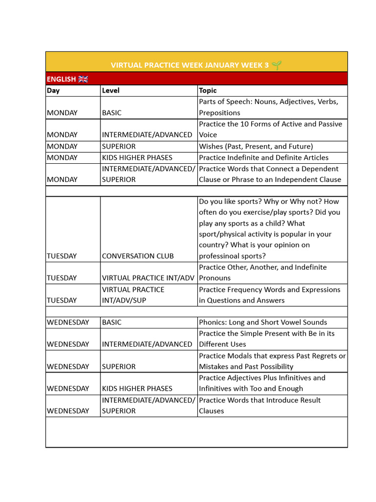 Virtual Language Practice Schedule | PDF | Verb | Clause