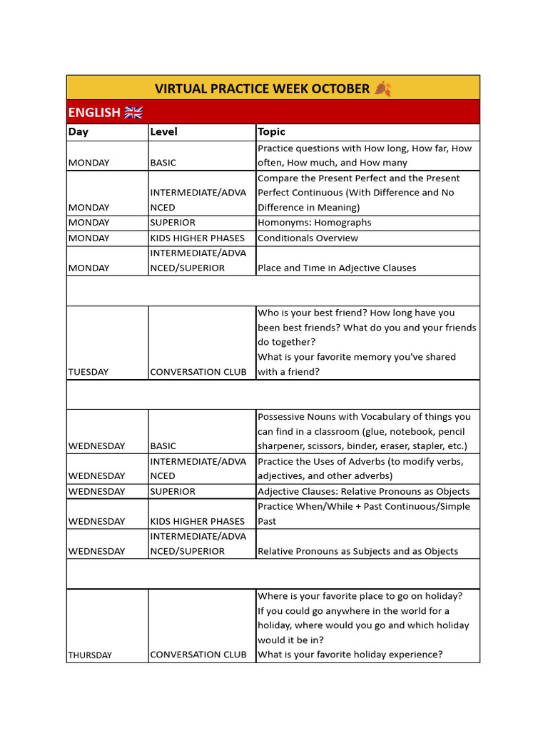 Virtual Language Practice Week Schedule | PDF | Verb | Adjective