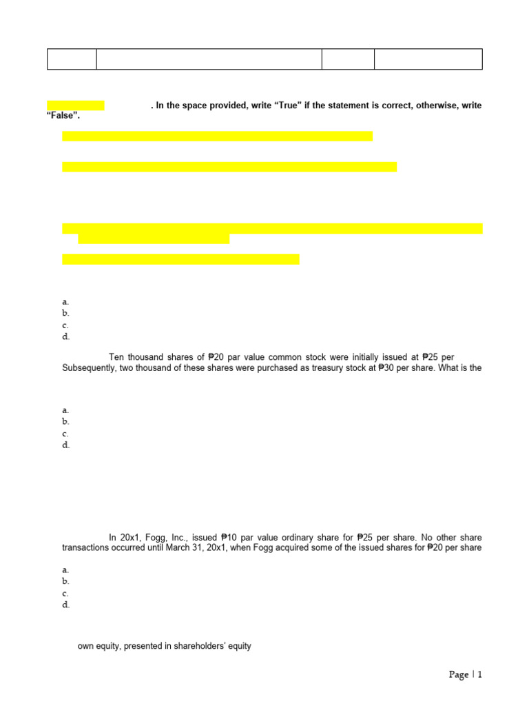 P1 QUIZ 1 SHE PART 1 Key Answer | PDF | Treasury Stock | Debits And Credits